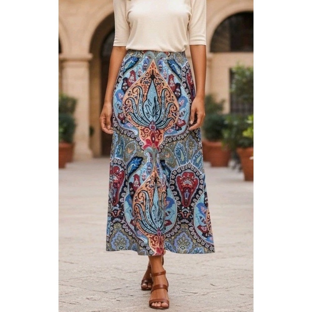 Y2K Paisley Maxi Skirt Women's Size M Boho Colorful Cottagecore Modest Stretch